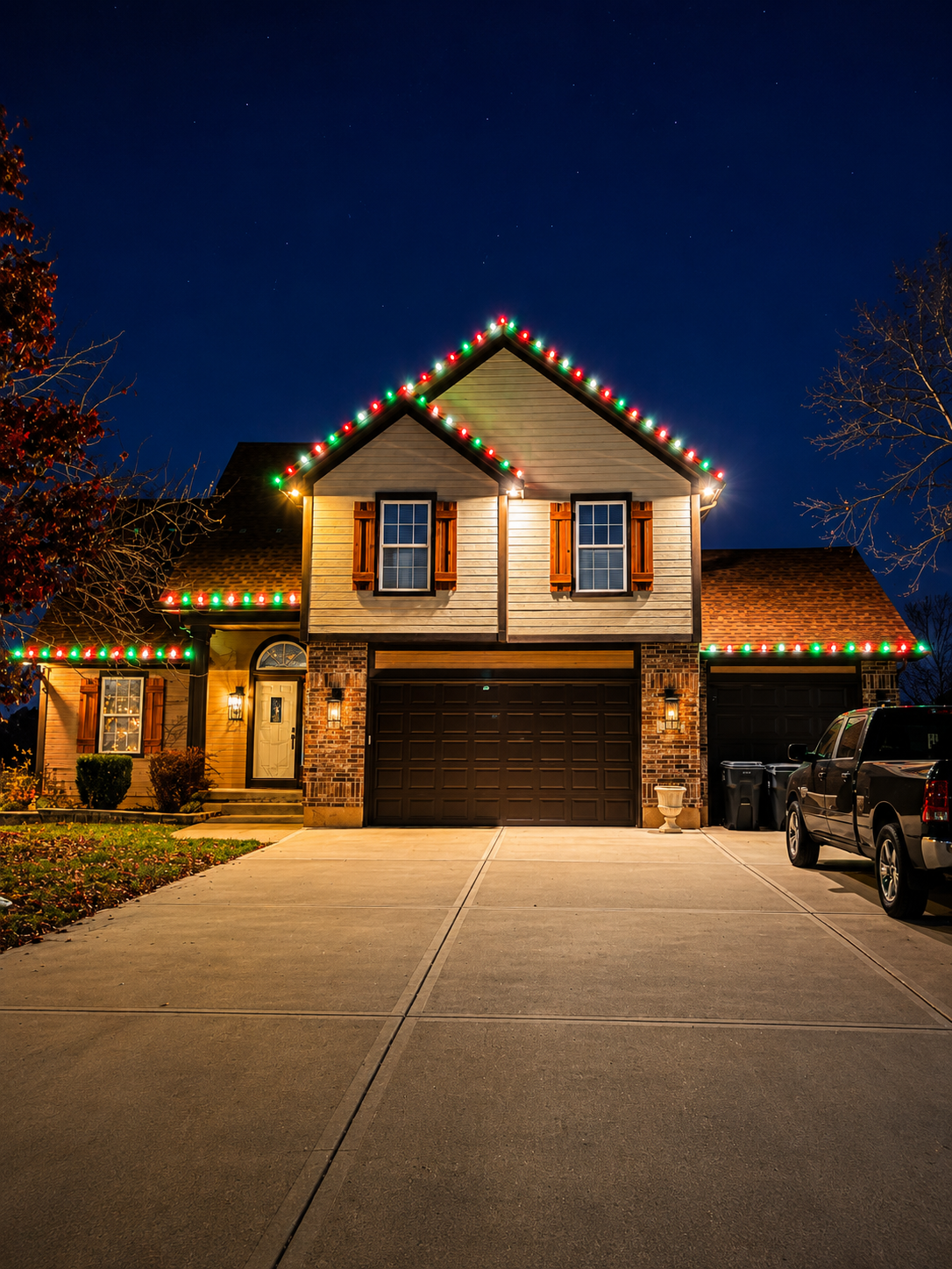 Brick home with red, green, and white roofline lights